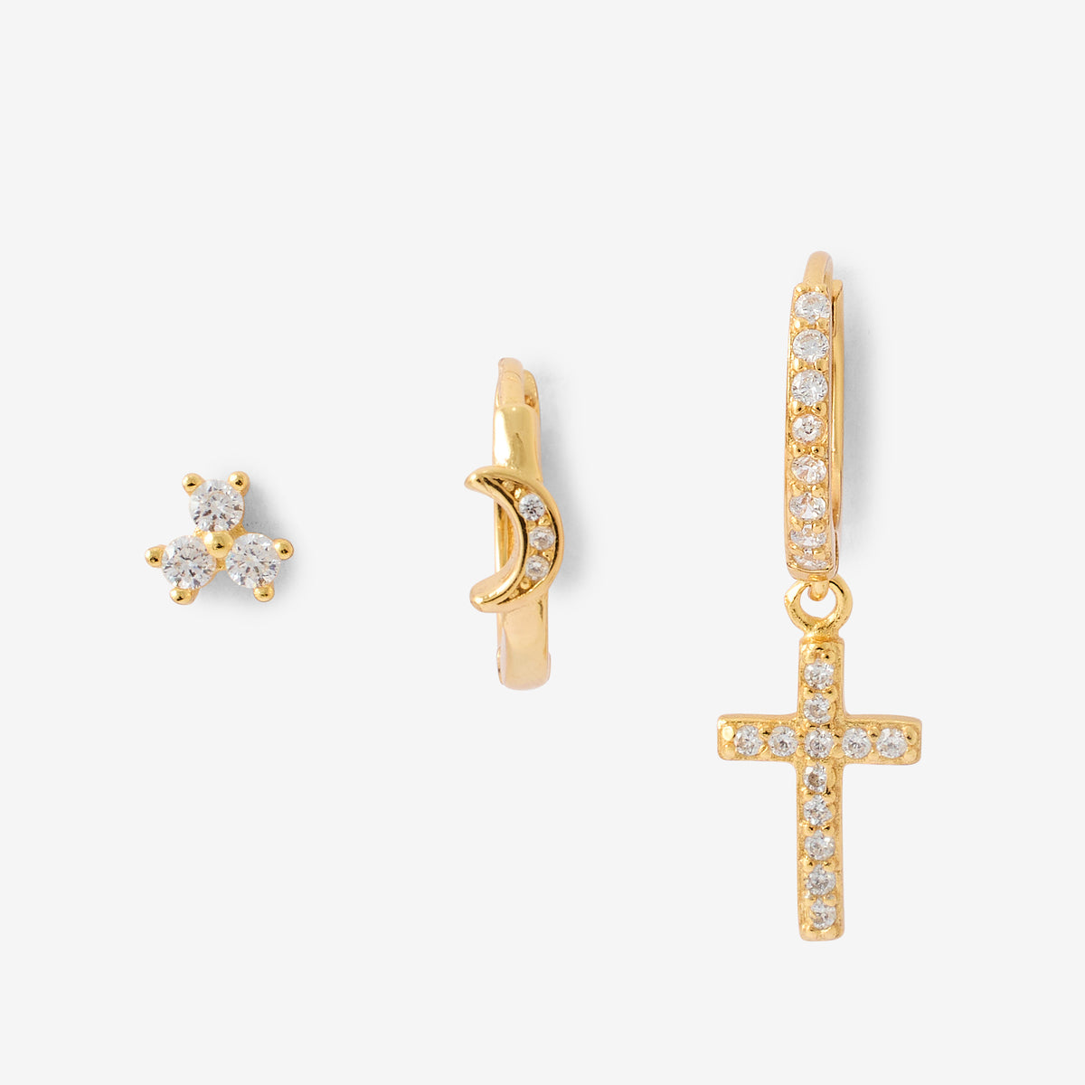 Set de 3 boucles d'oreilles : croix, lune et puces en argent 925