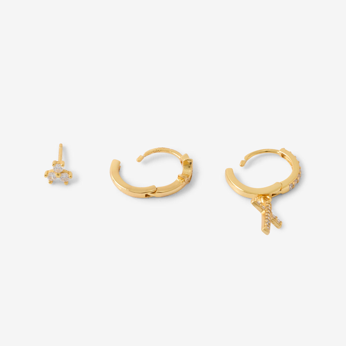 Set de 3 boucles d'oreilles : croix, lune et puces en argent 925