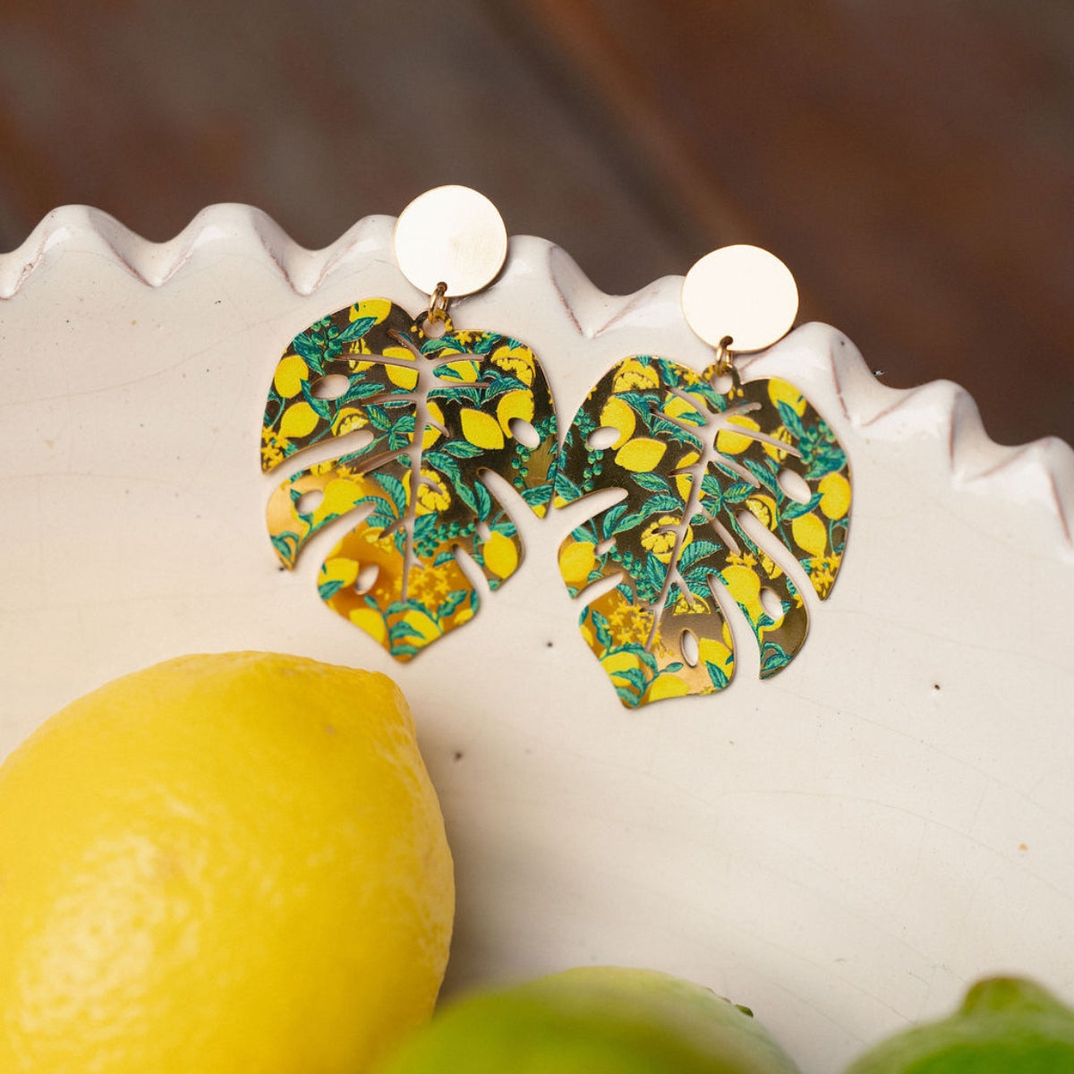 Boucles d'oreilles feuilles Balagane imprimé citrons