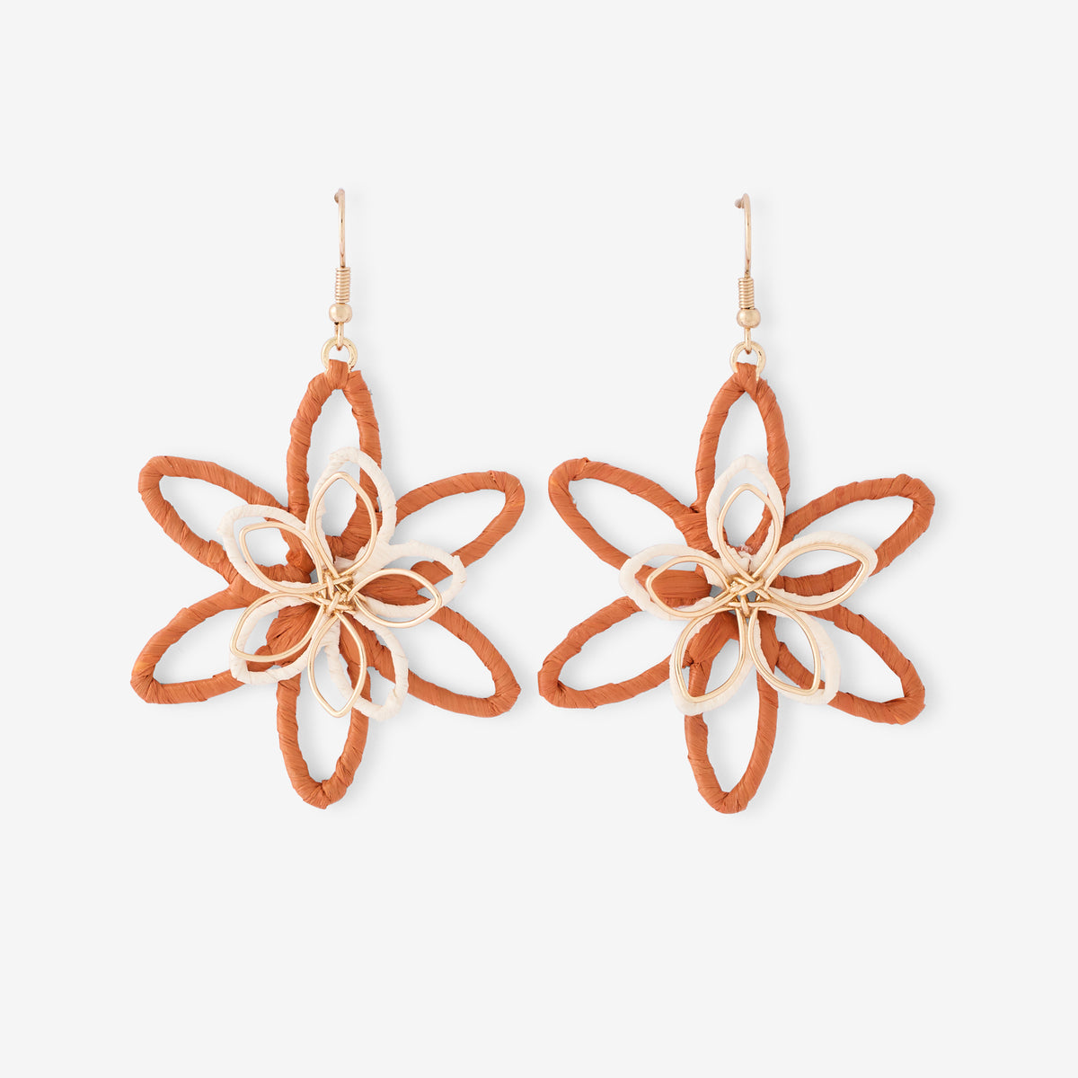 Boucles d'oreilles fleurs en raphia et métal