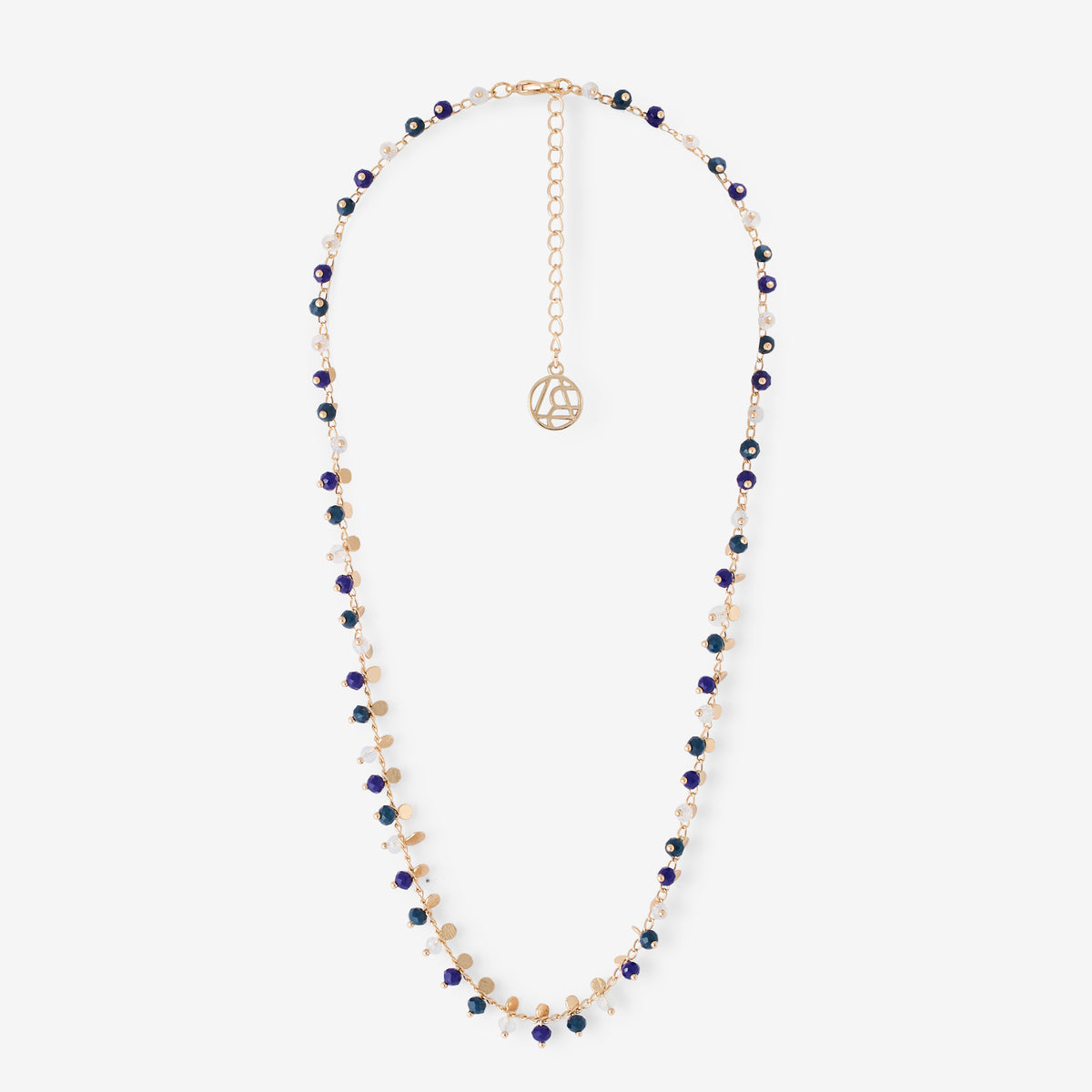 Collier doré perles à facettes bleues