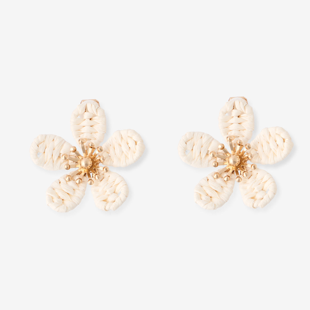 Boucles d'oreilles clips - fleurs en raphia ivoire
