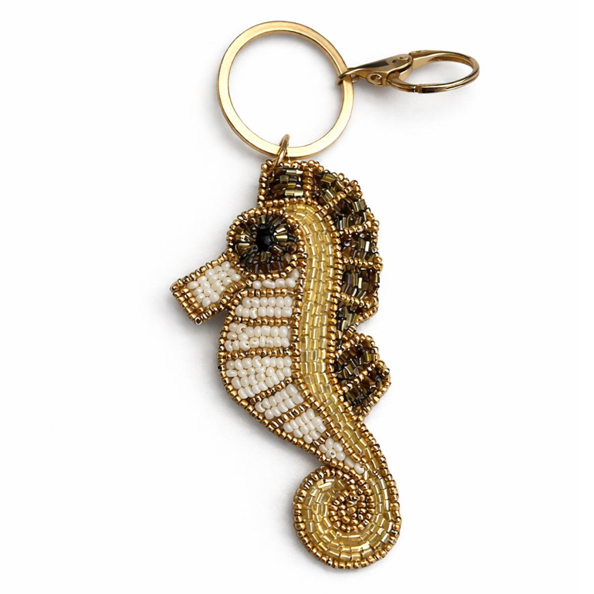 Porte-clé hippocampe en perles de rocaille doré