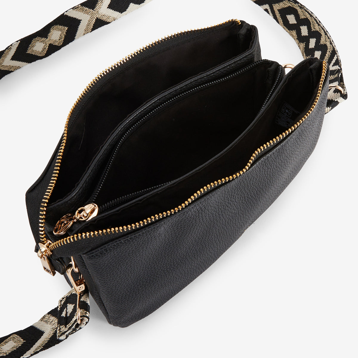 Pochette noire multi‑poches avec bandoulière motif géométrique