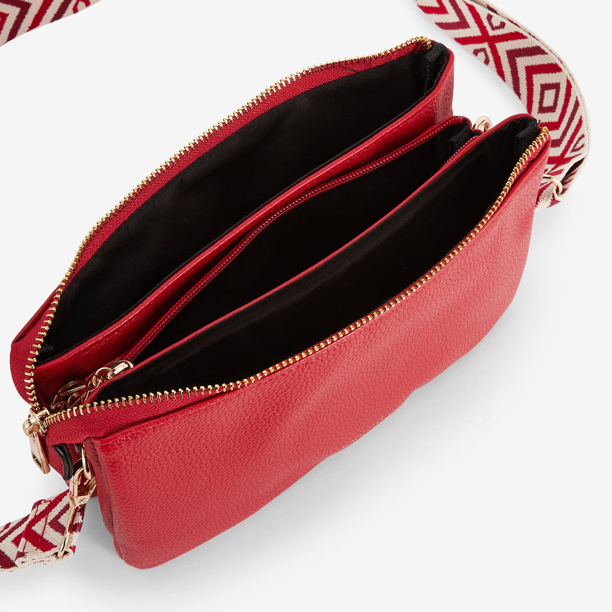 Pochette rouge multi‑poches avec bandoulière motif géométrique