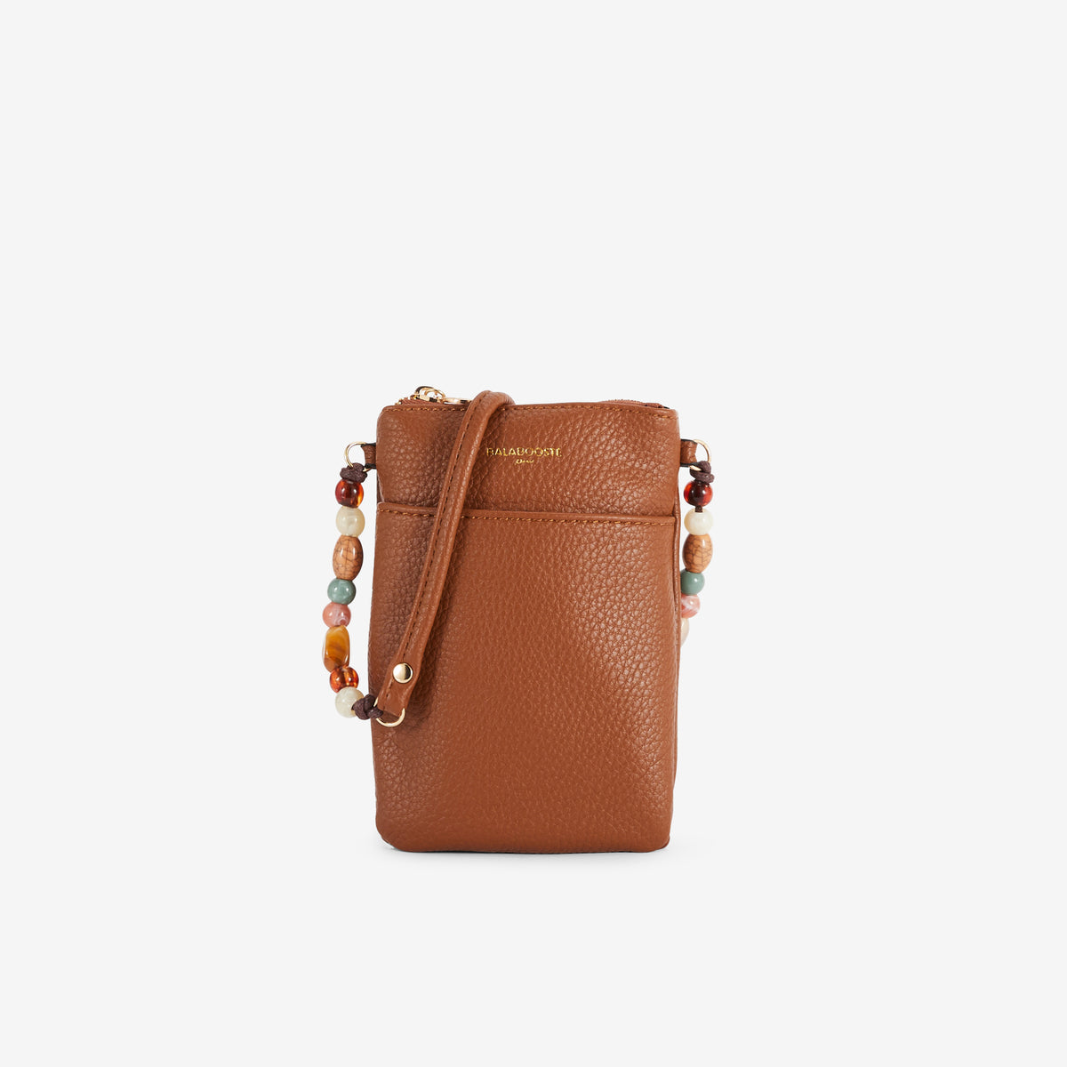 Pochette de téléphone camel avec bandoulière perlée