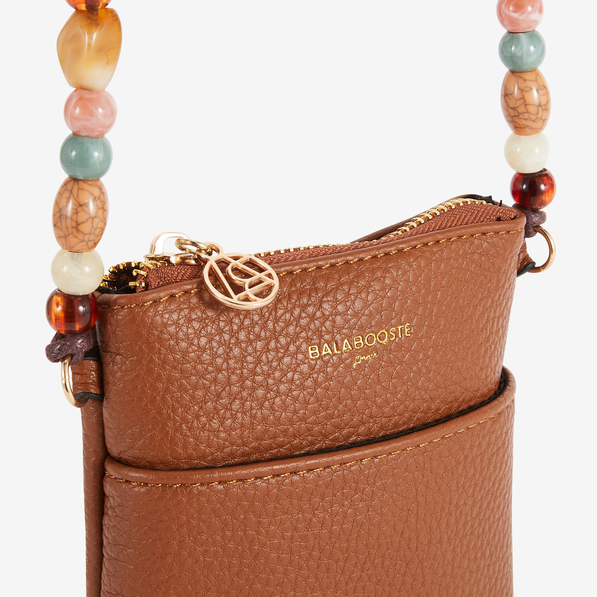 Pochette de téléphone camel avec bandoulière perlée