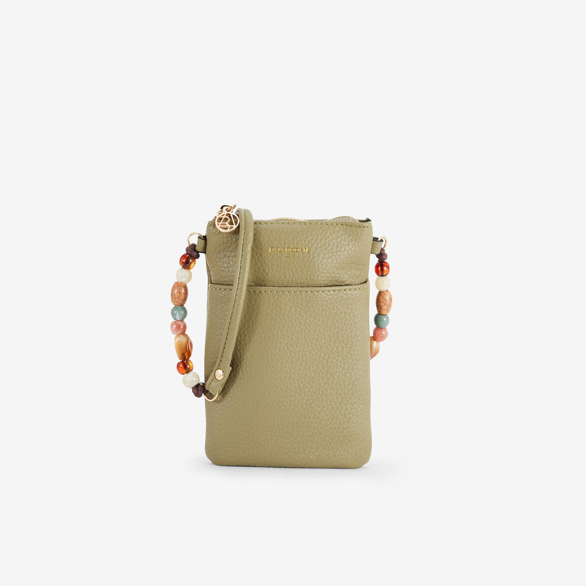 Pochette de téléphone kaki avec bandoulière perlée