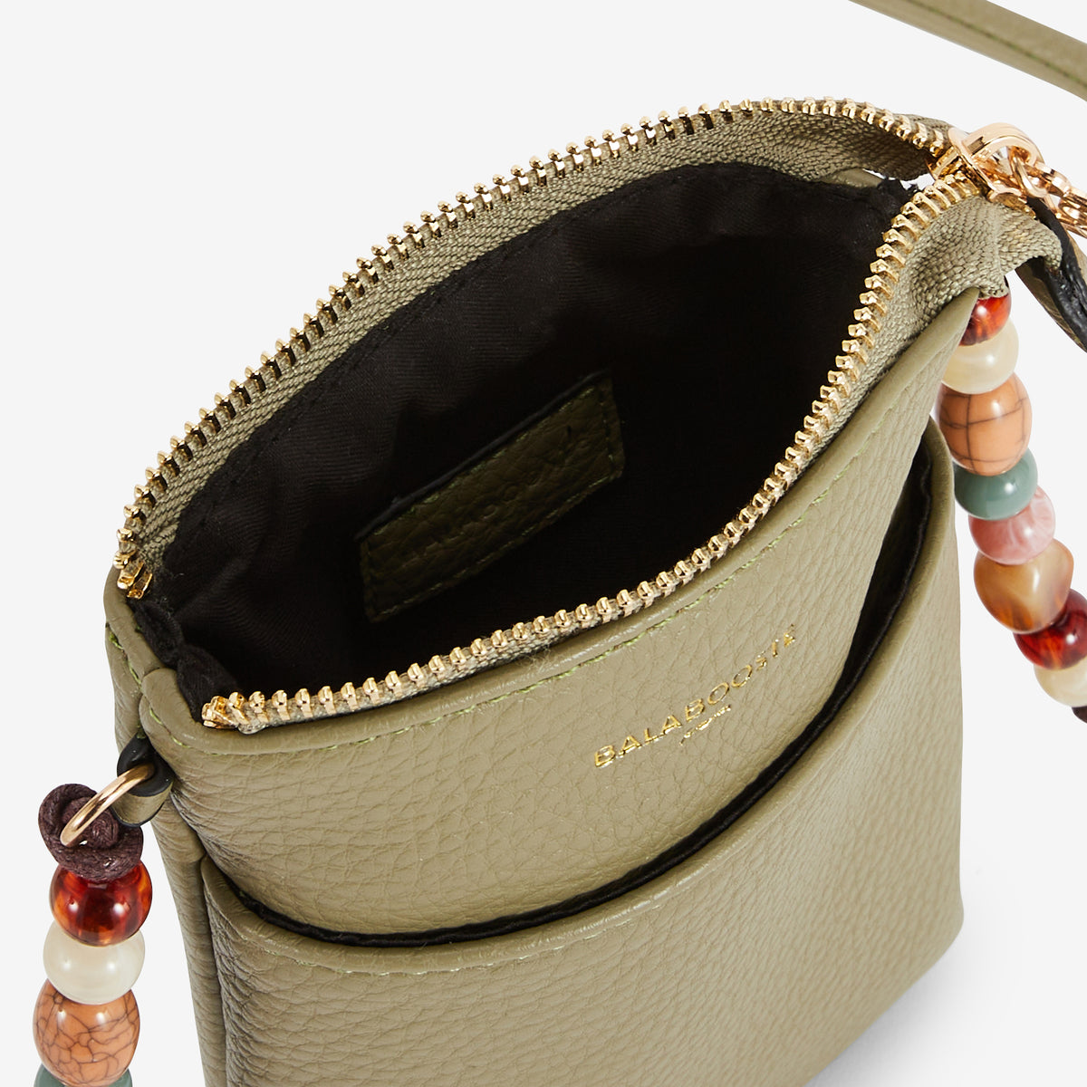Pochette de téléphone kaki avec bandoulière perlée