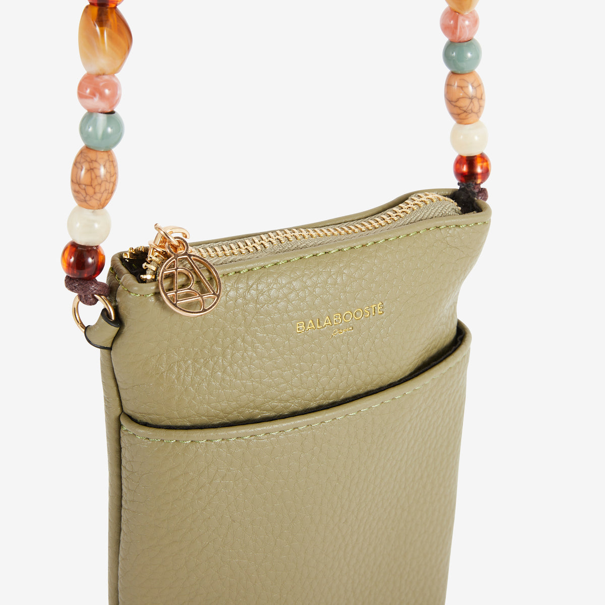 Pochette de téléphone kaki avec bandoulière perlée