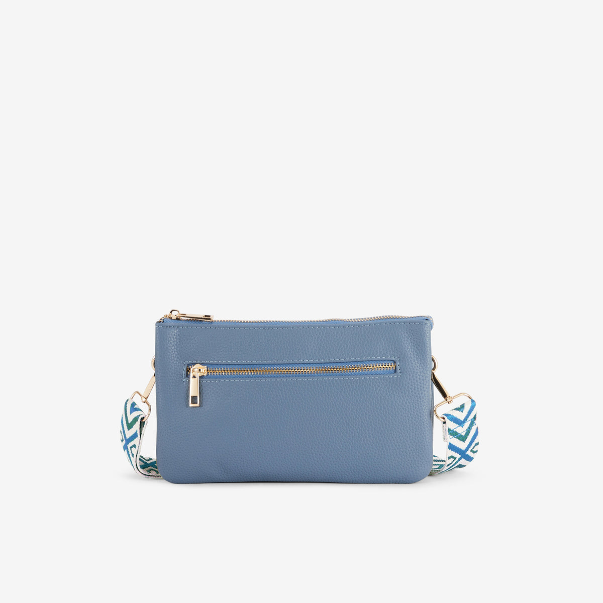 Pochette bleue multi‑poches avec bandoulière motif géométrique