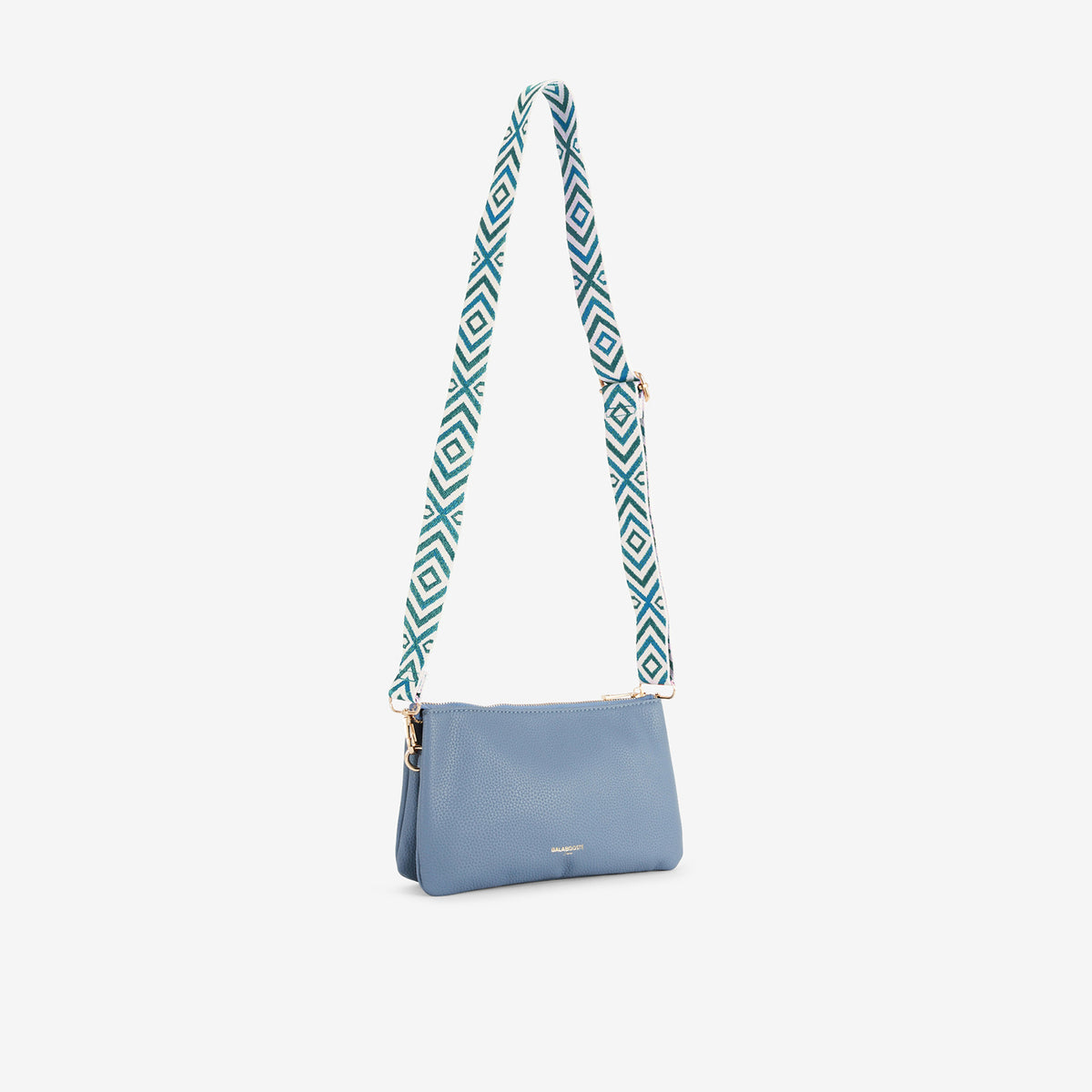 Pochette bleue multi‑poches avec bandoulière motif géométrique