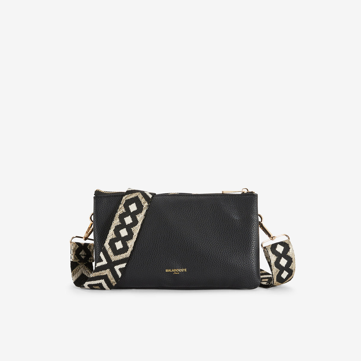 Pochette noire multi‑poches avec bandoulière motif géométrique