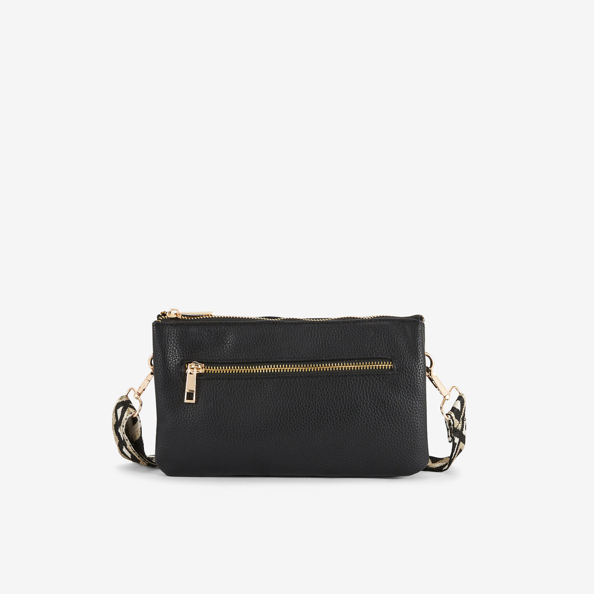 Pochette noire multi‑poches avec bandoulière motif géométrique