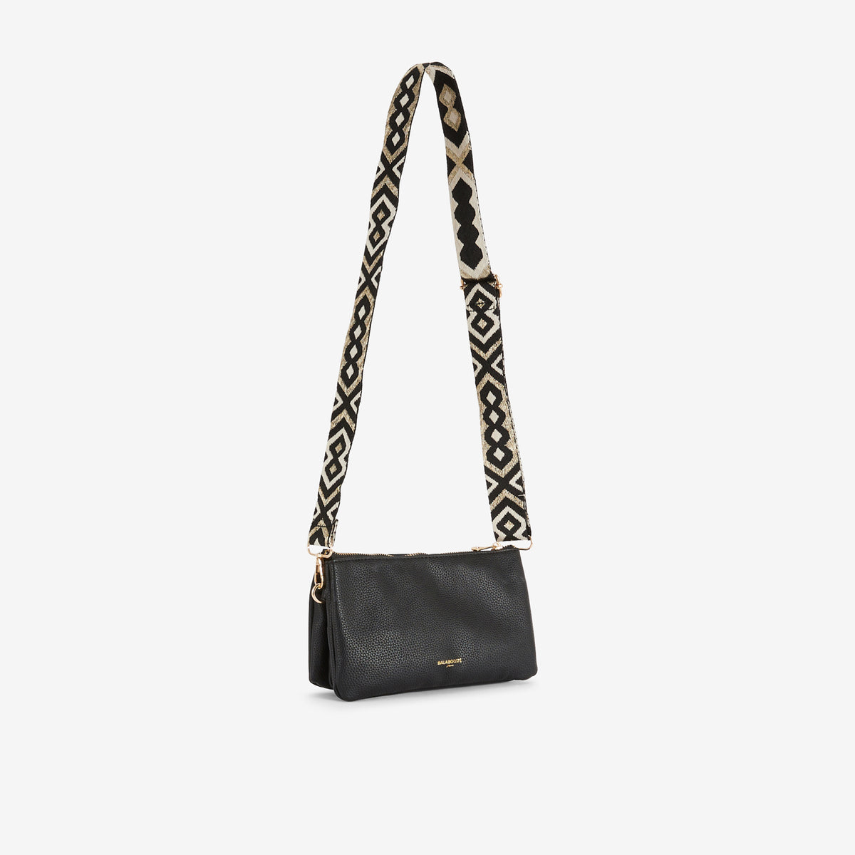 Pochette noire multi‑poches avec bandoulière motif géométrique