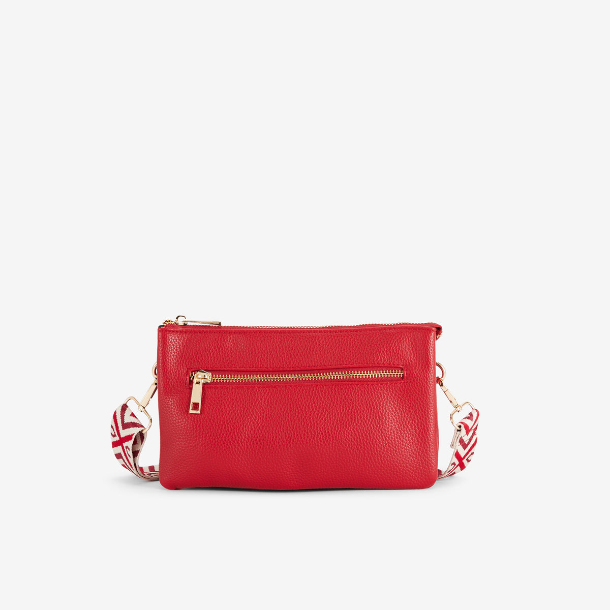 Pochette rouge multi‑poches avec bandoulière motif géométrique