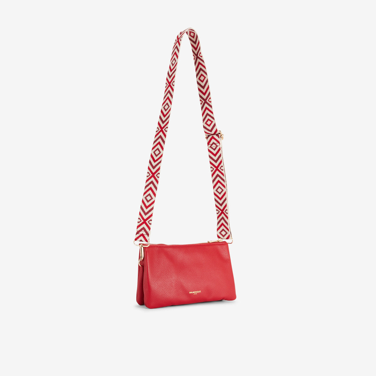 Pochette rouge multi‑poches avec bandoulière motif géométrique