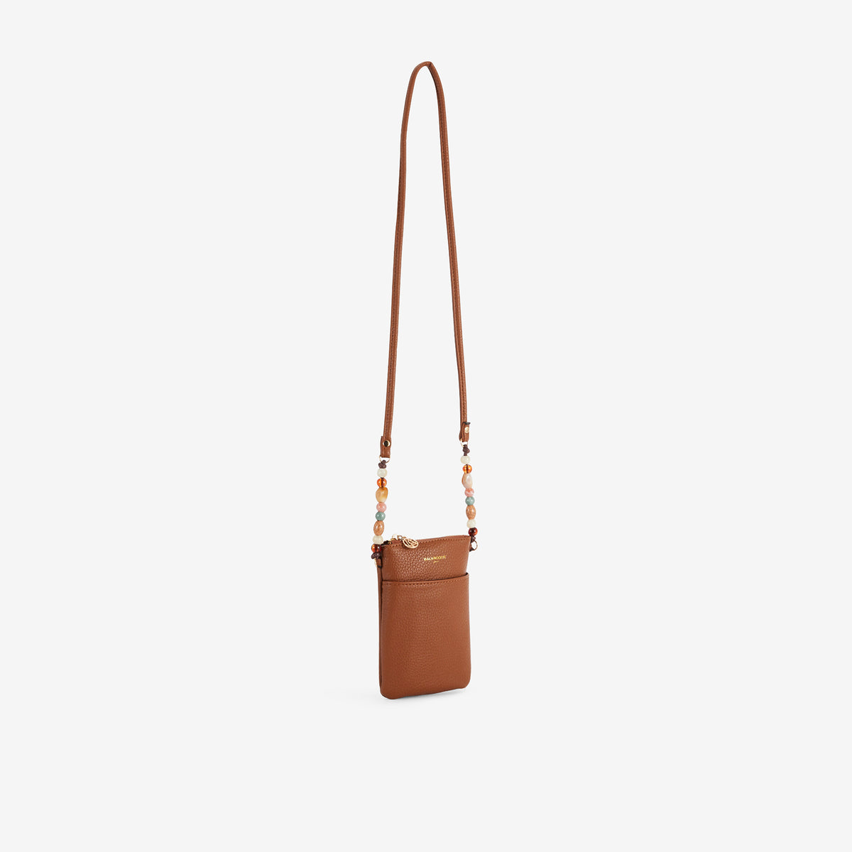 Pochette de téléphone camel avec bandoulière perlée