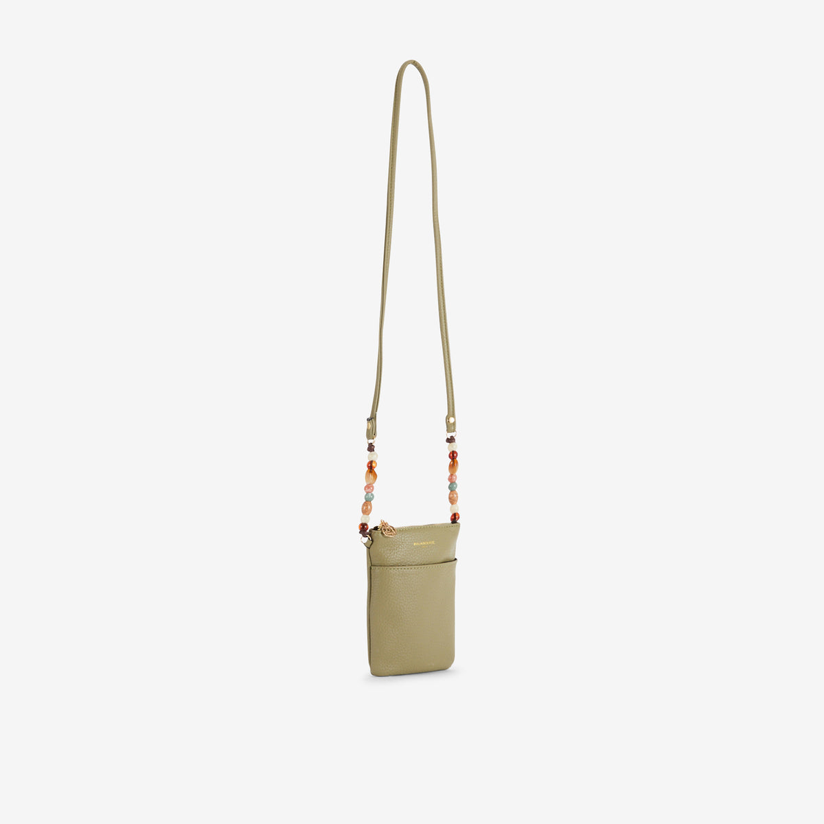 Pochette de téléphone kaki avec bandoulière perlée