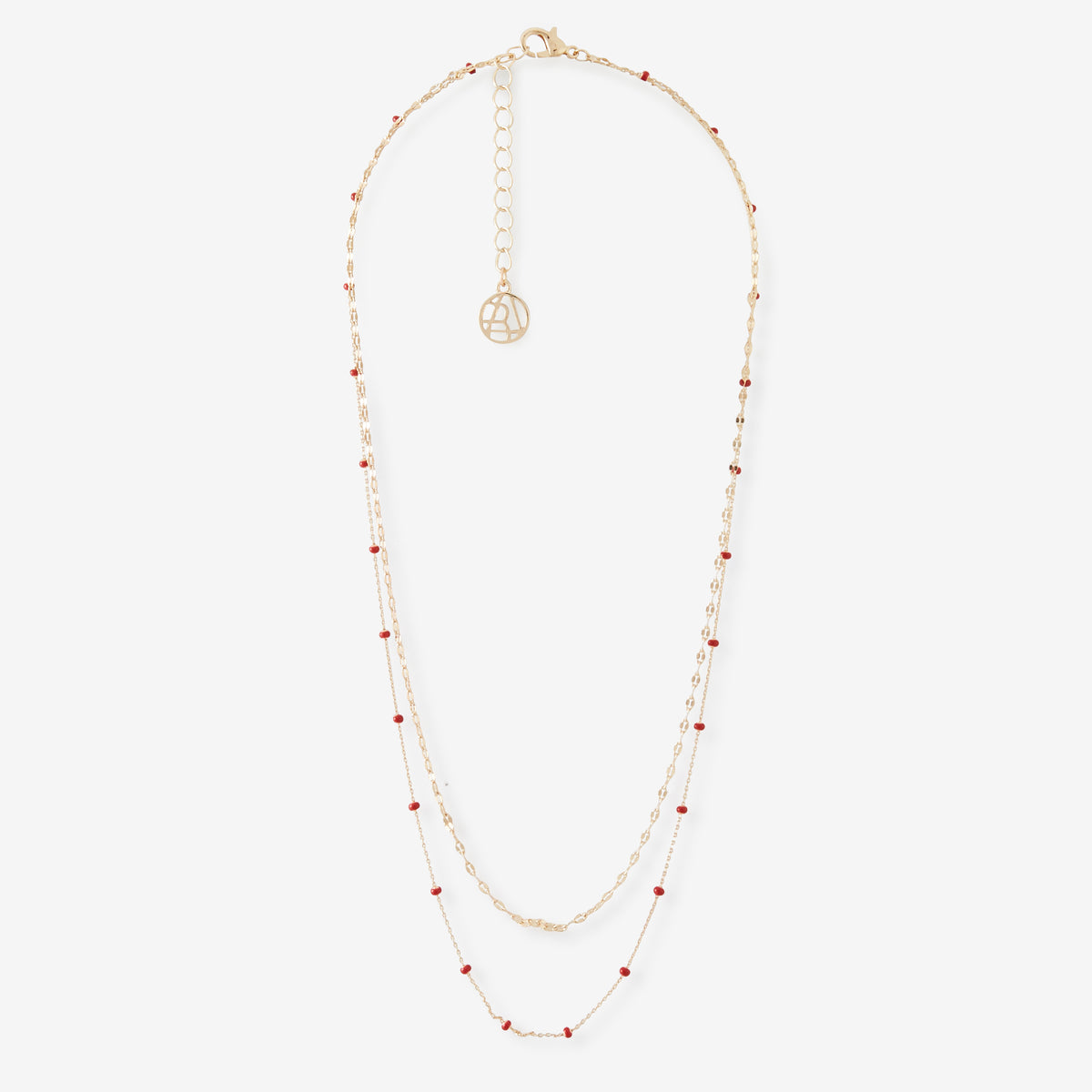 Collier 2 rangs chaînes fines et perles rouges