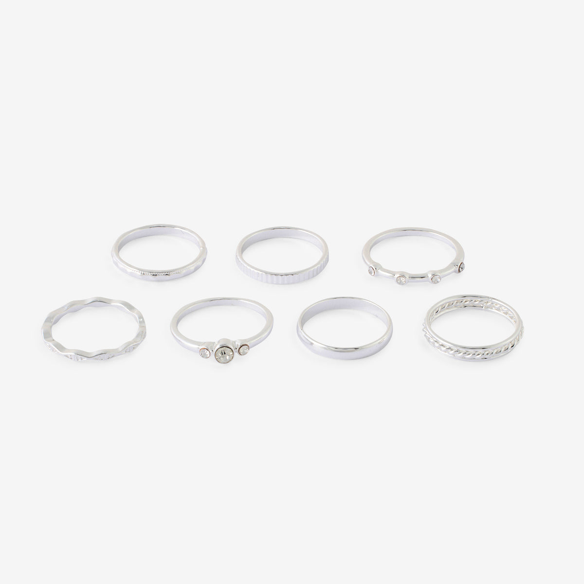 Set x7 bagues argentées avec strass