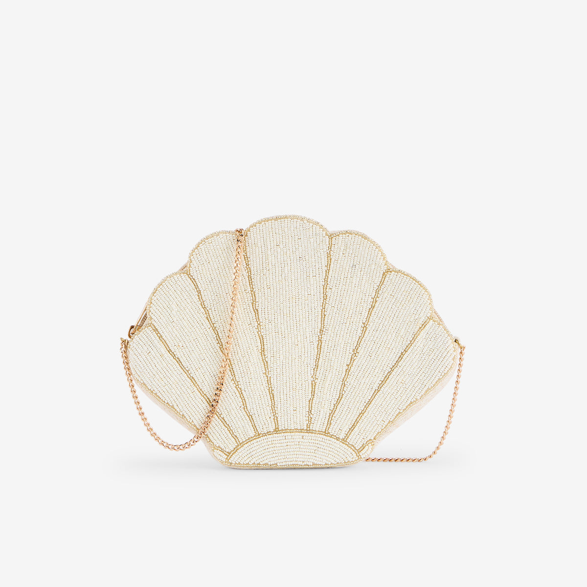Pochette coquillage en perles de rocaille ivoire et dorées