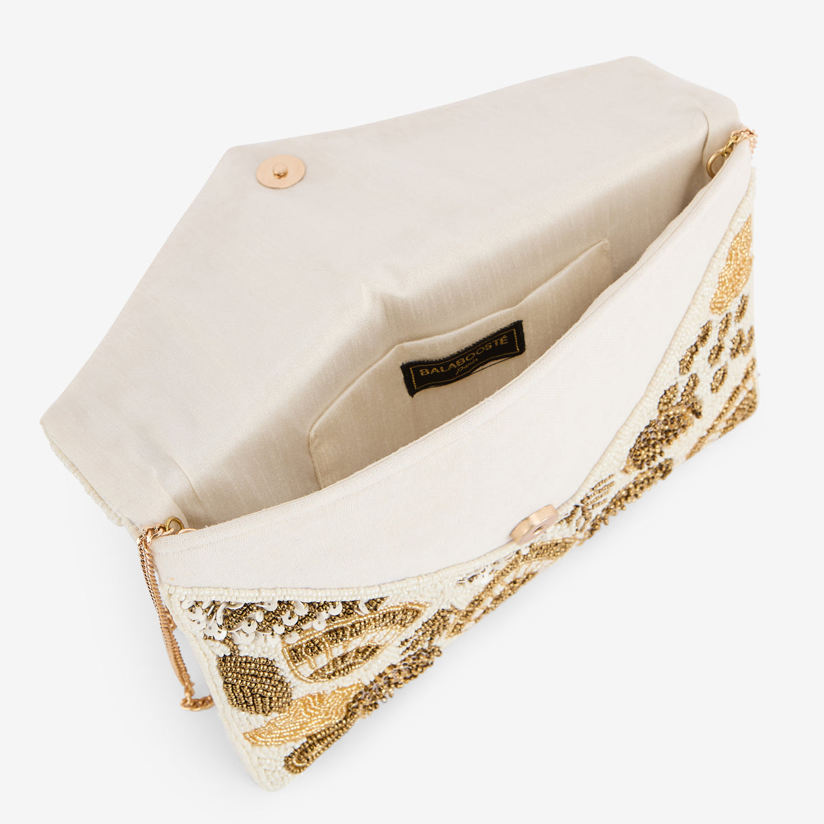 Pochette en perles de rocaille ivoire et dorées