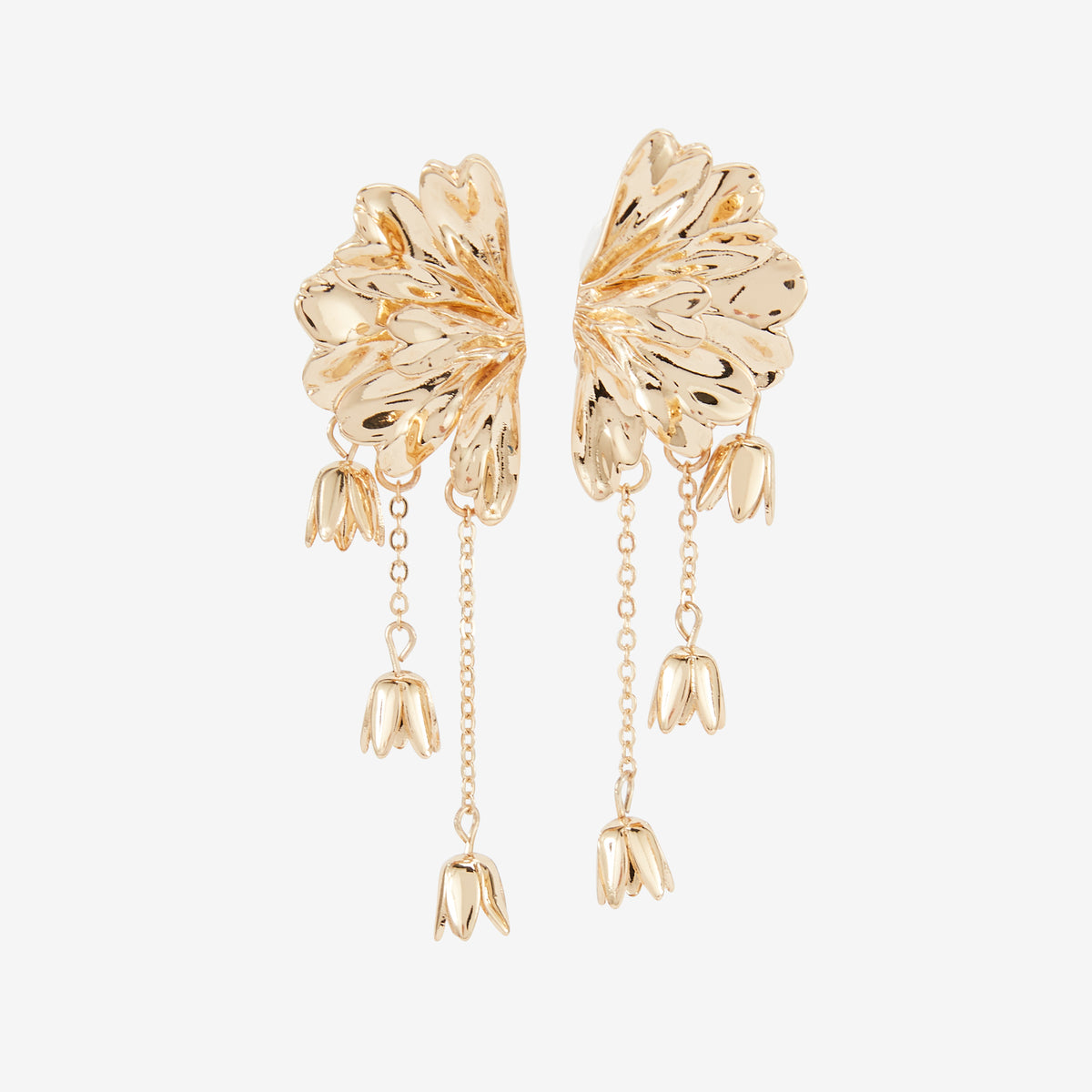 Longues boucles d'oreilles demi fleur chaine dorées