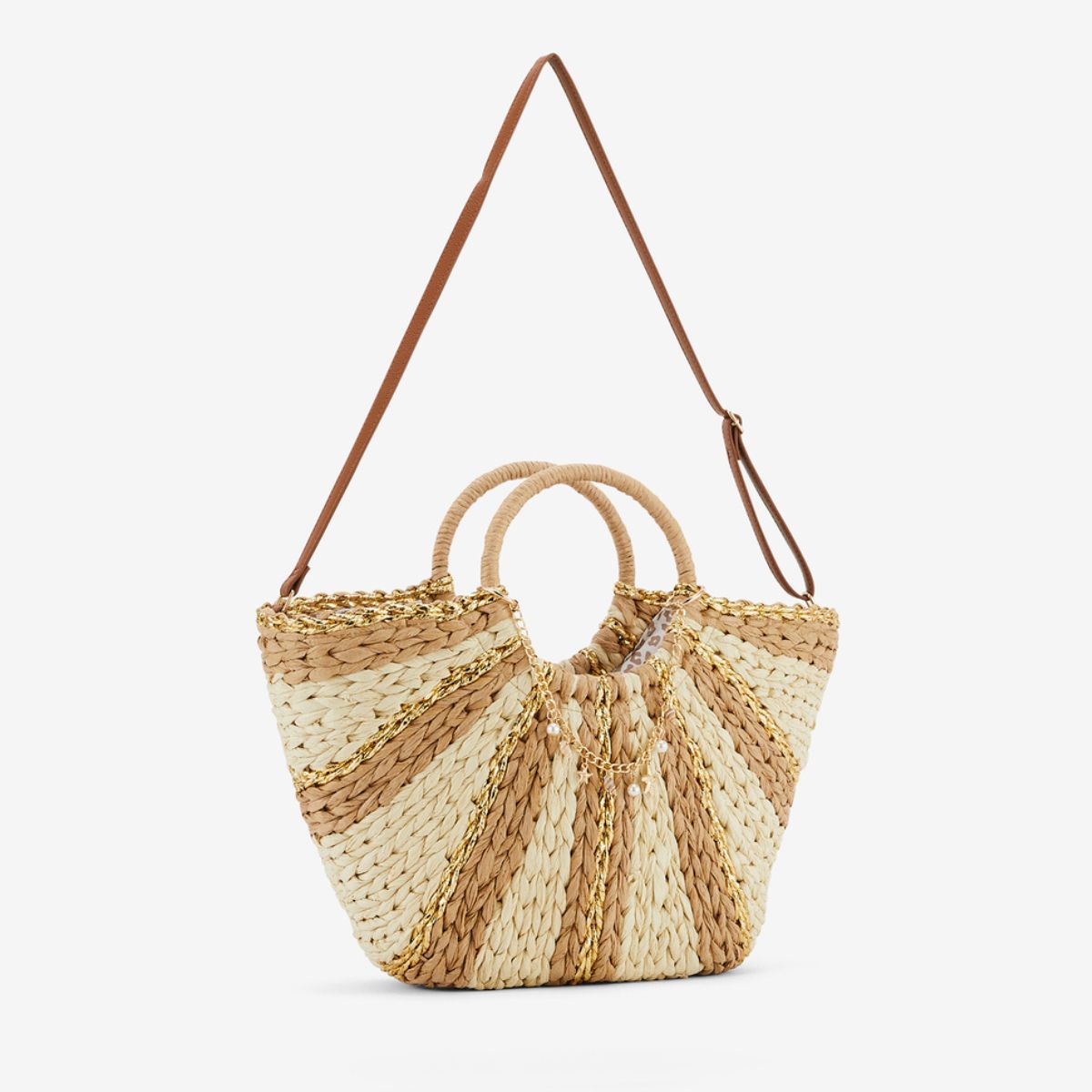 Sac panier à rayures beige et doré