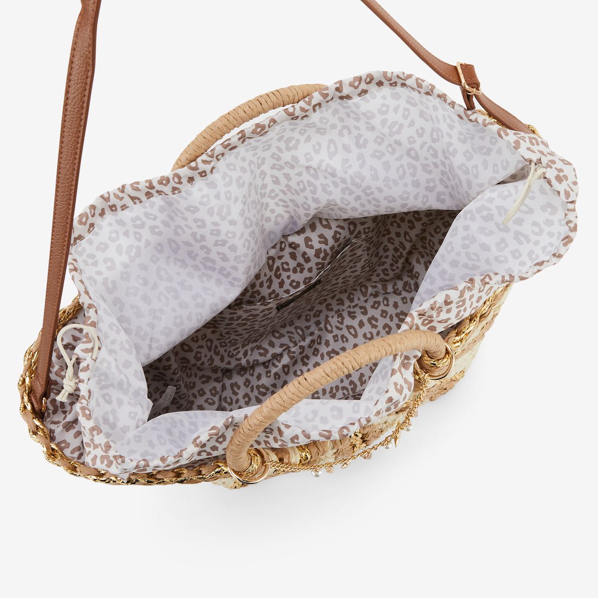 Sac panier à rayures beige et doré
