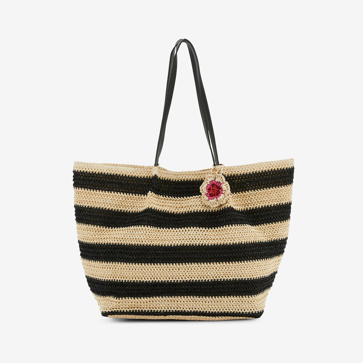 Cabas effet paille à rayures noir et beige