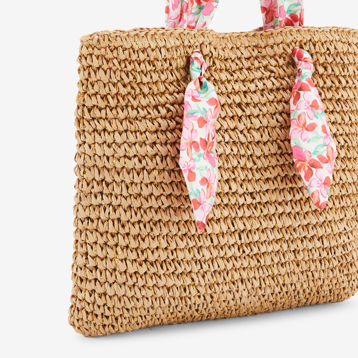 Sac paille anses foulard fleuries