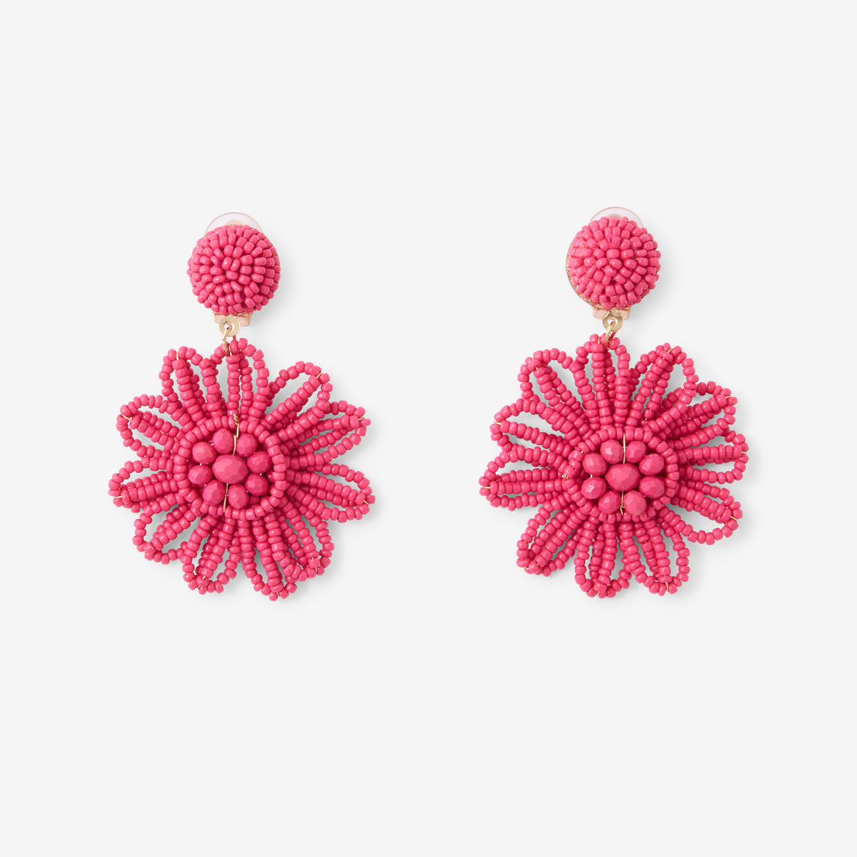Boucles d'oreilles clips - fleurs perles de rocaille fuchsia