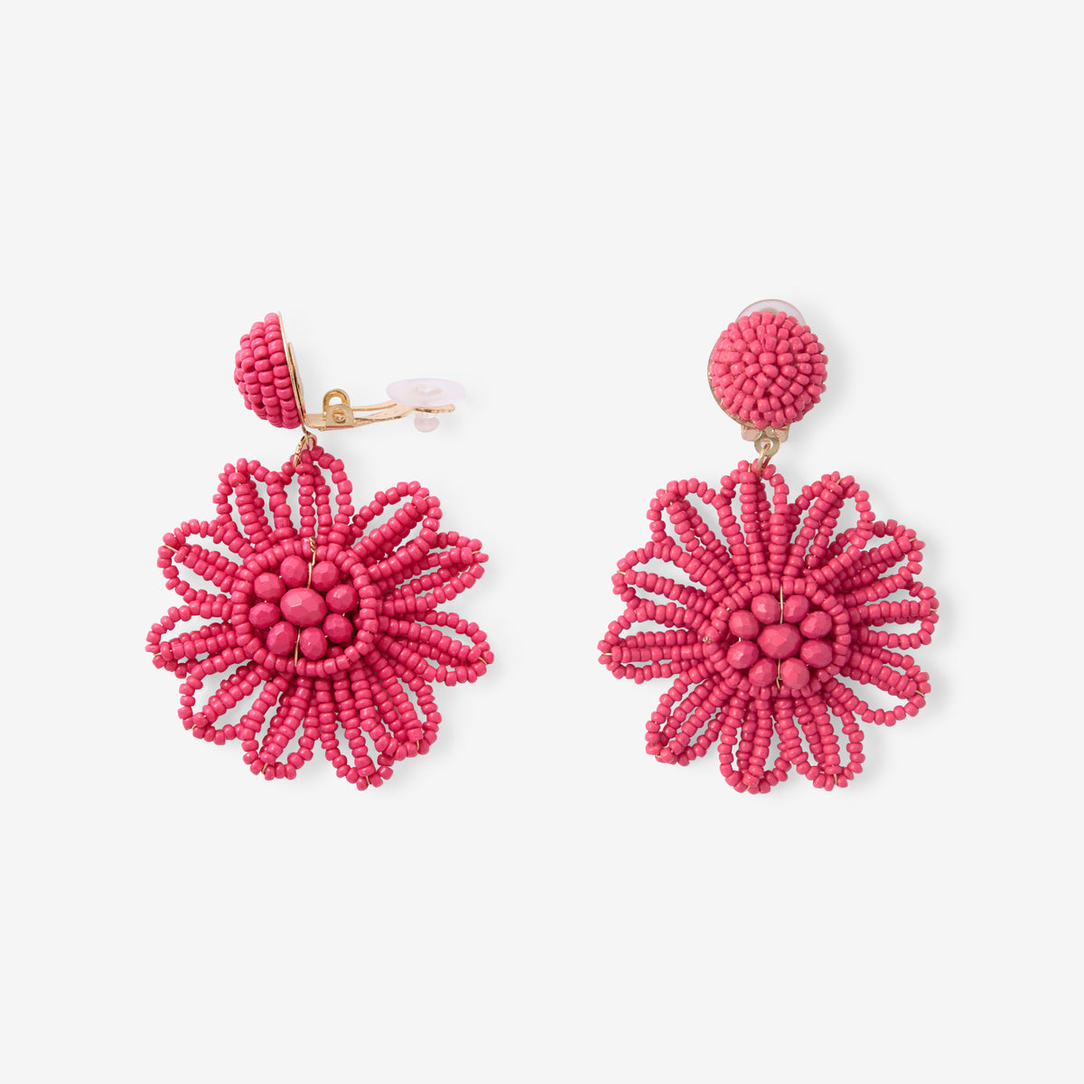Boucles d'oreilles clips - fleurs perles de rocaille fuchsia