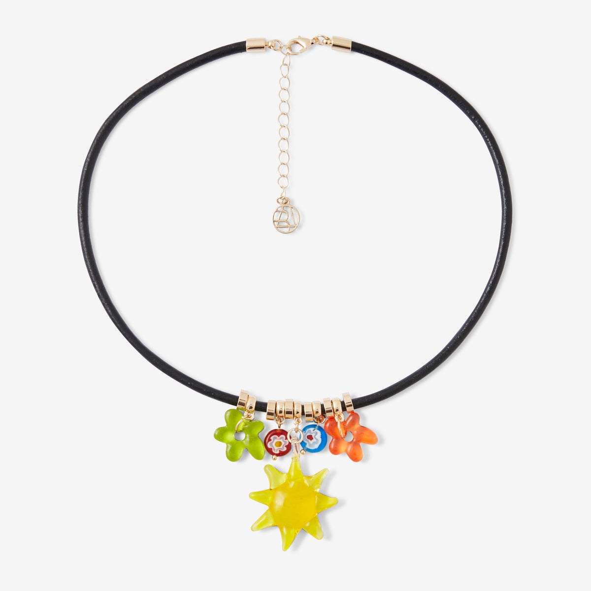 Collier cordon cuir pendentif soleil et fleurs