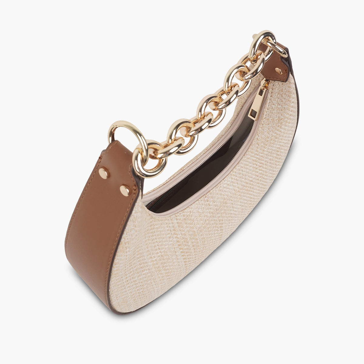 Sac demi lune effet paille écru et camel