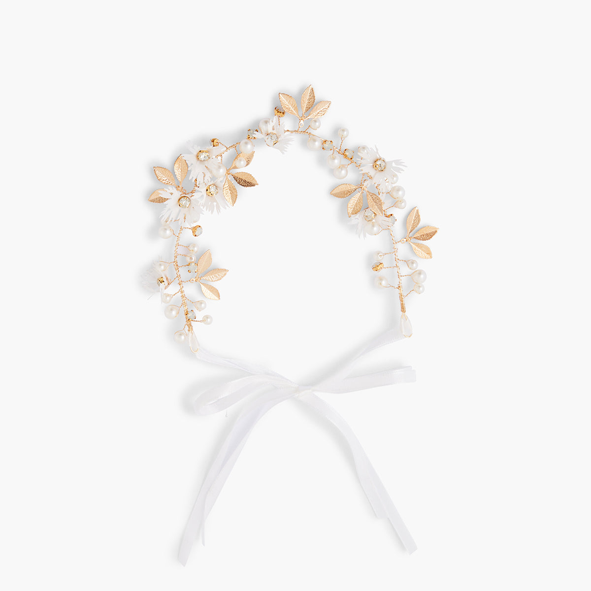 Couronne de fleurs, perles et ruban