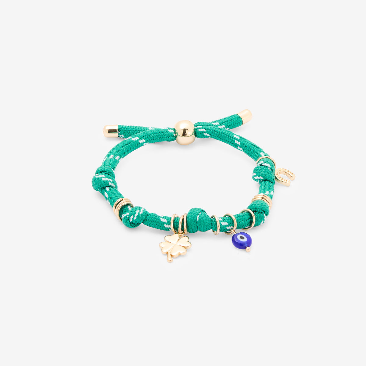 Bracelet corde vert à charms trèfle et œil