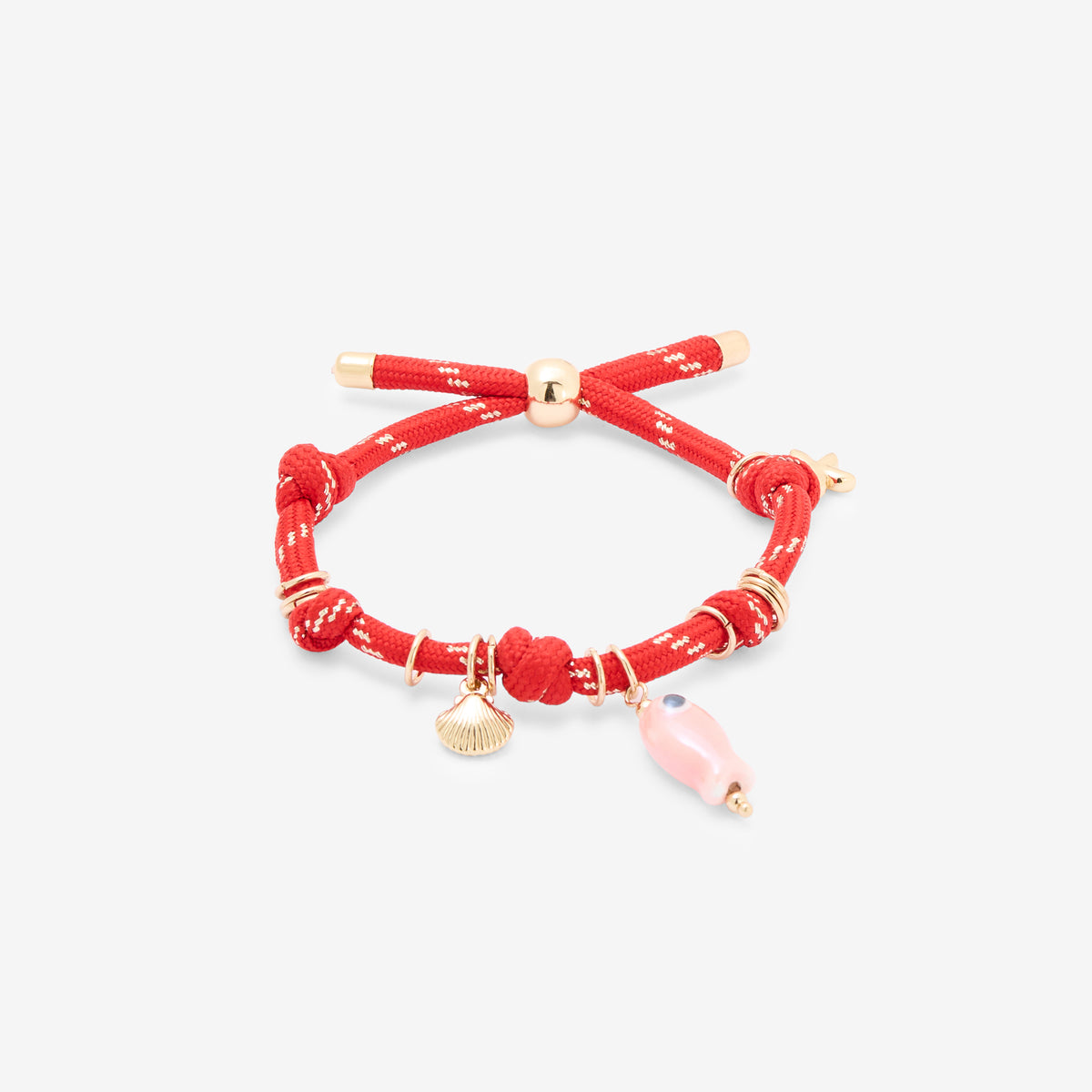 Bracelet cordons rouge pendentif poisson et coquillage