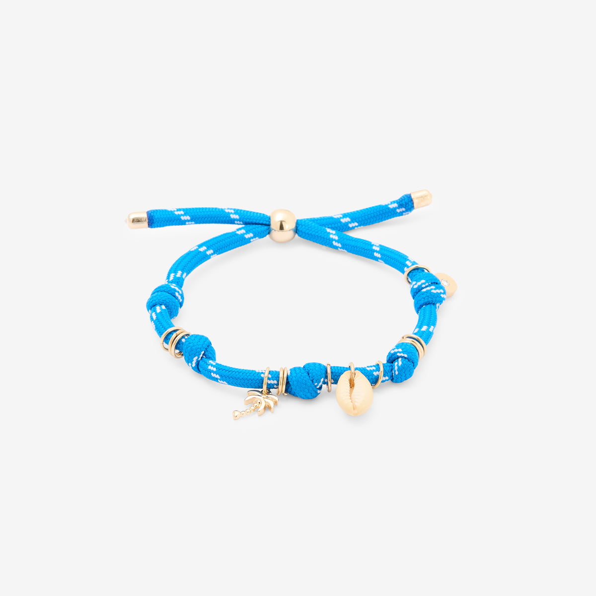 Bracelet corde bleu à charms coquillage et palmier