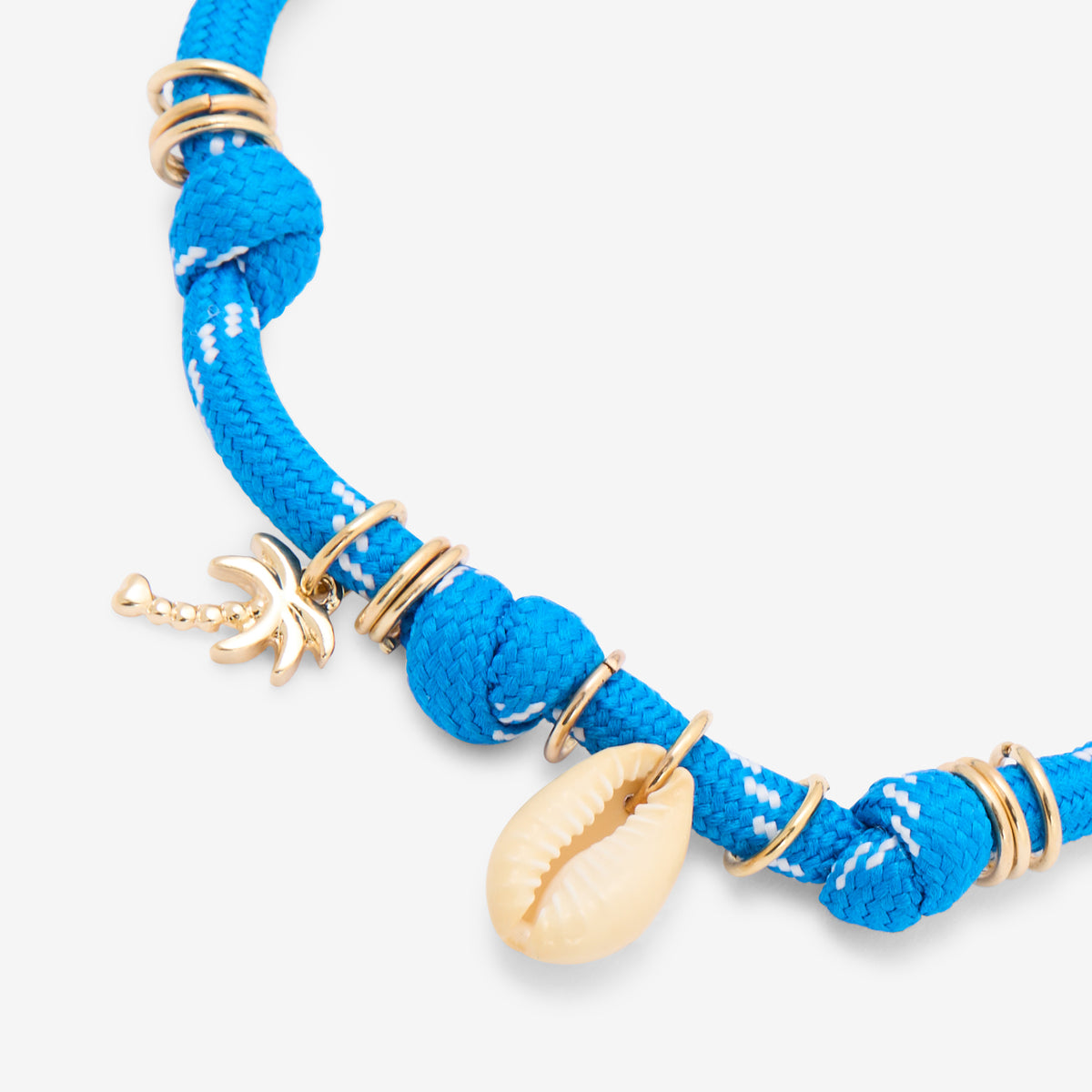 Bracelet corde bleu à charms coquillage et palmier