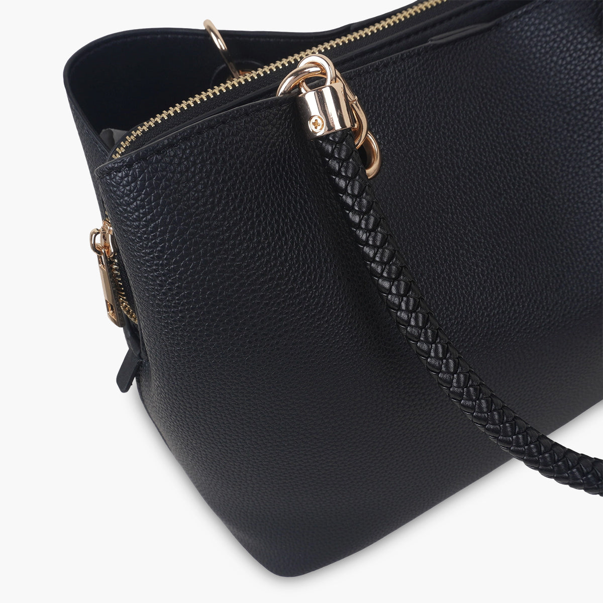 Sac effet grainé noir anses tressées