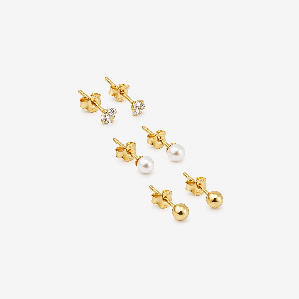 Set 3 paires de puces d'oreilles boules perle et zircon - argent 925 doré