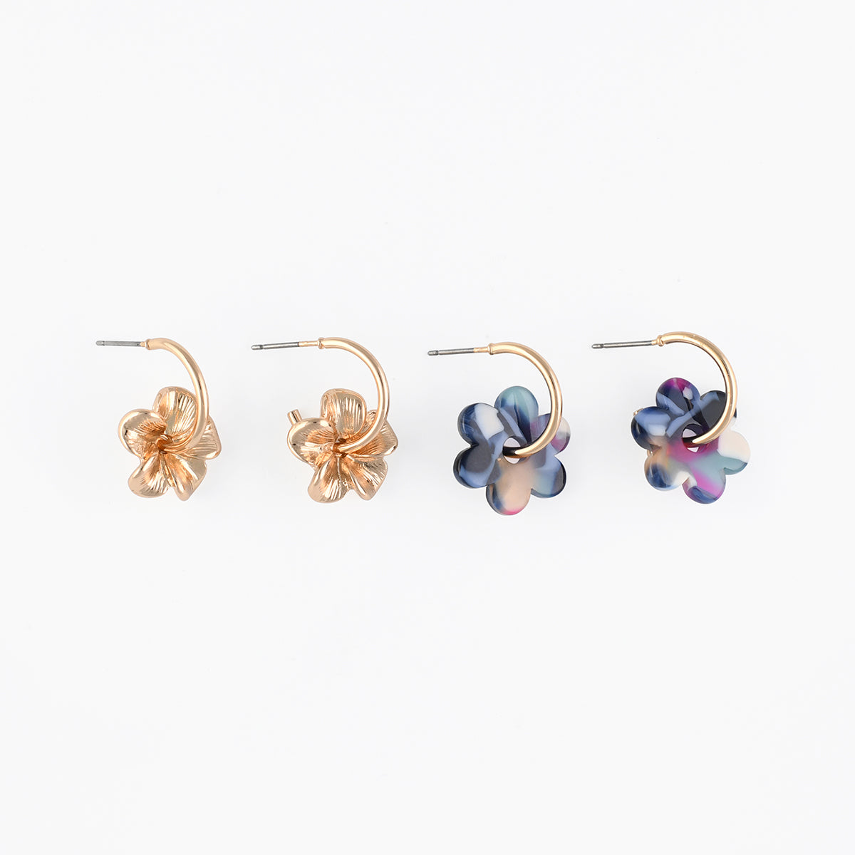 Set x2 paires de créoles fleurs en métal et résine bleue