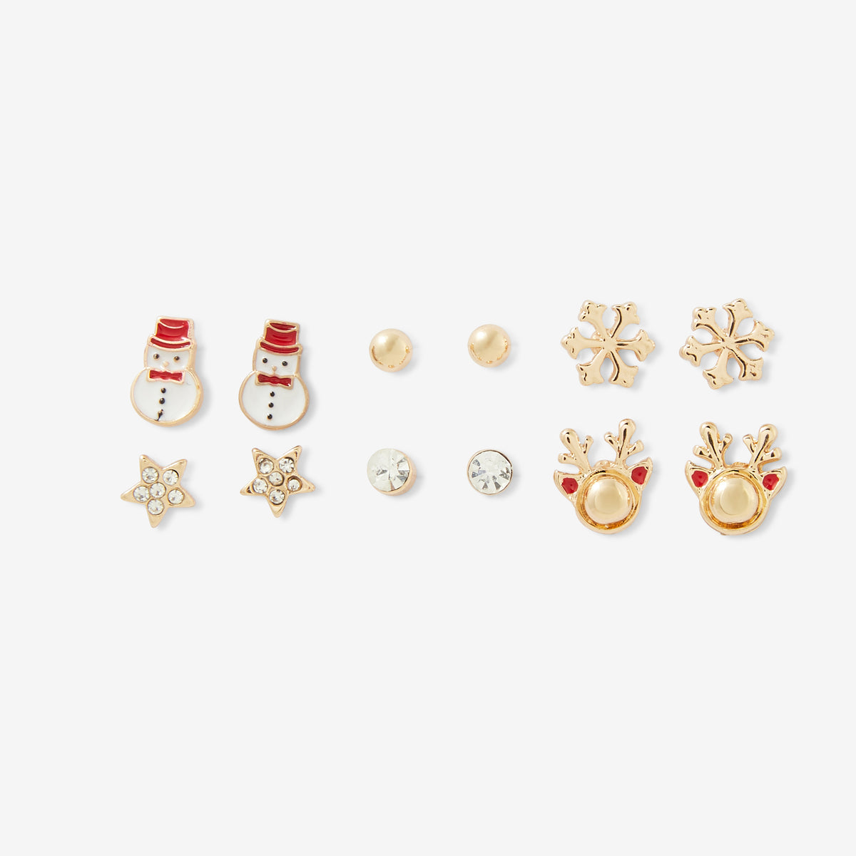 Set de 6 paires de puces d’oreilles Noël - Boules, étoiles, flocons, rennes et bonhommes de neige