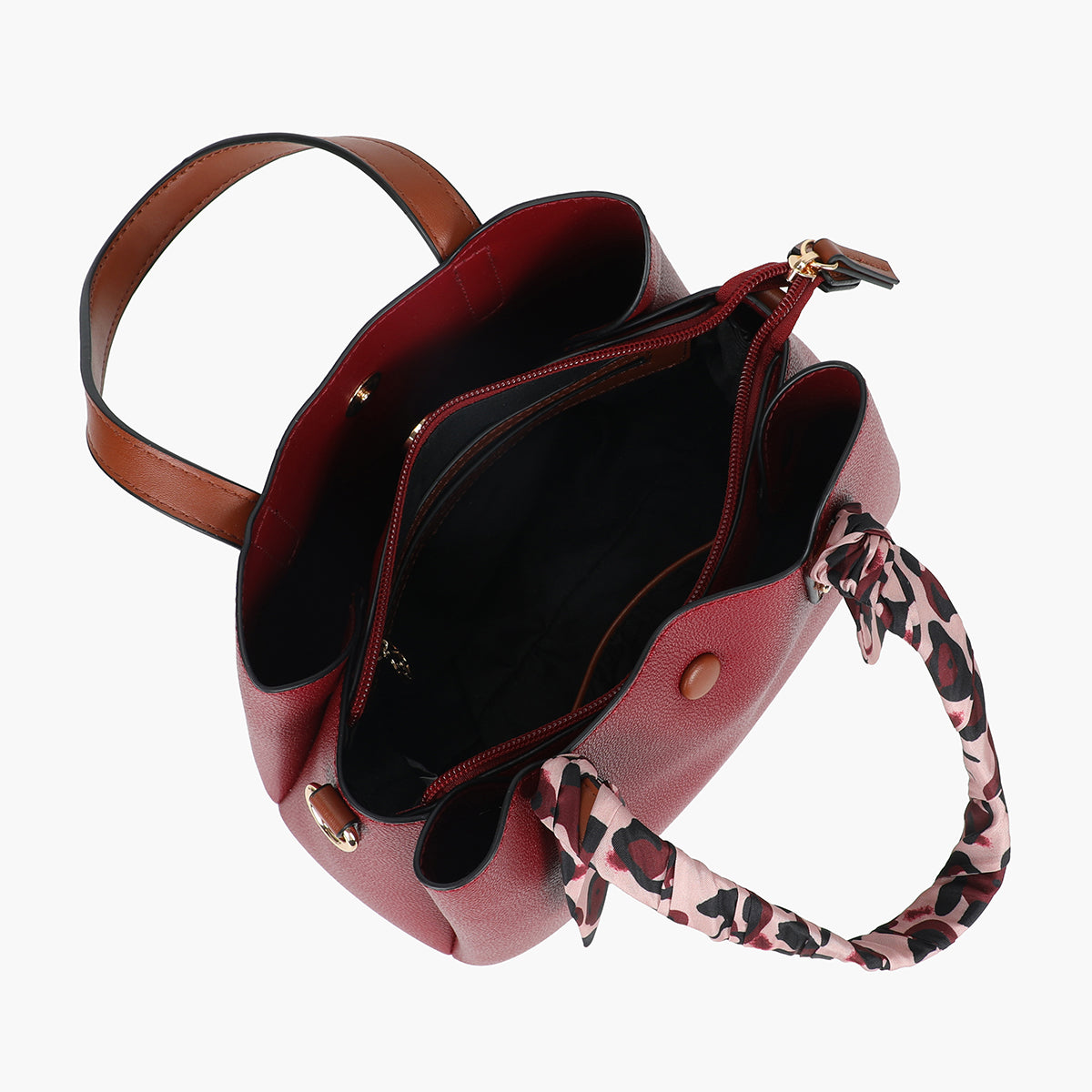 Petit sac à main bordeaux effet grainé avec foulard