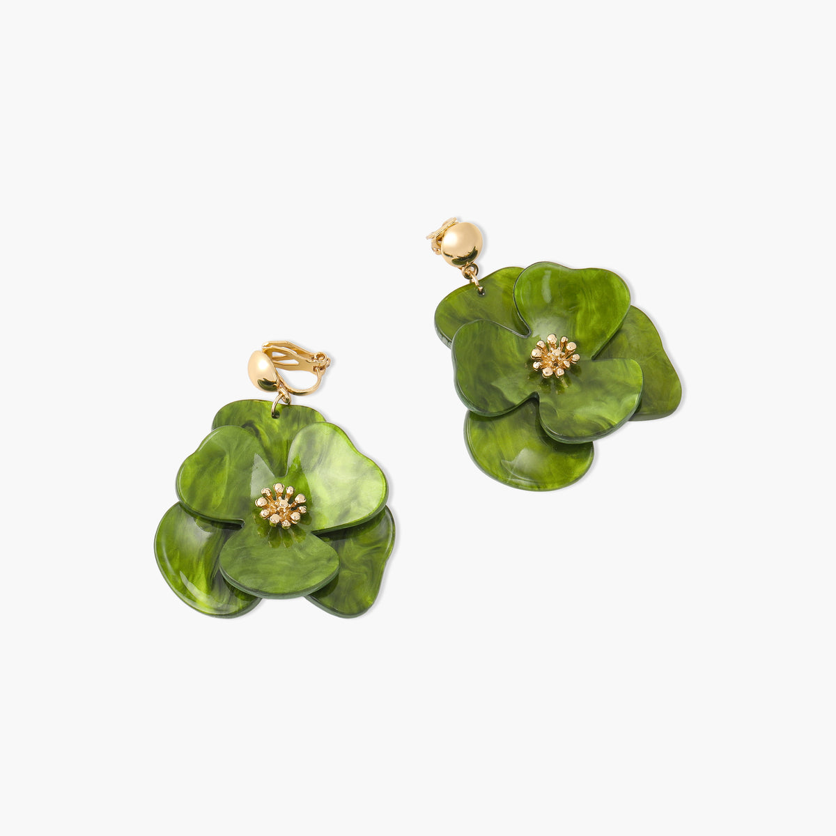 Boucles d'oreilles clips - fleurs en résine vertes