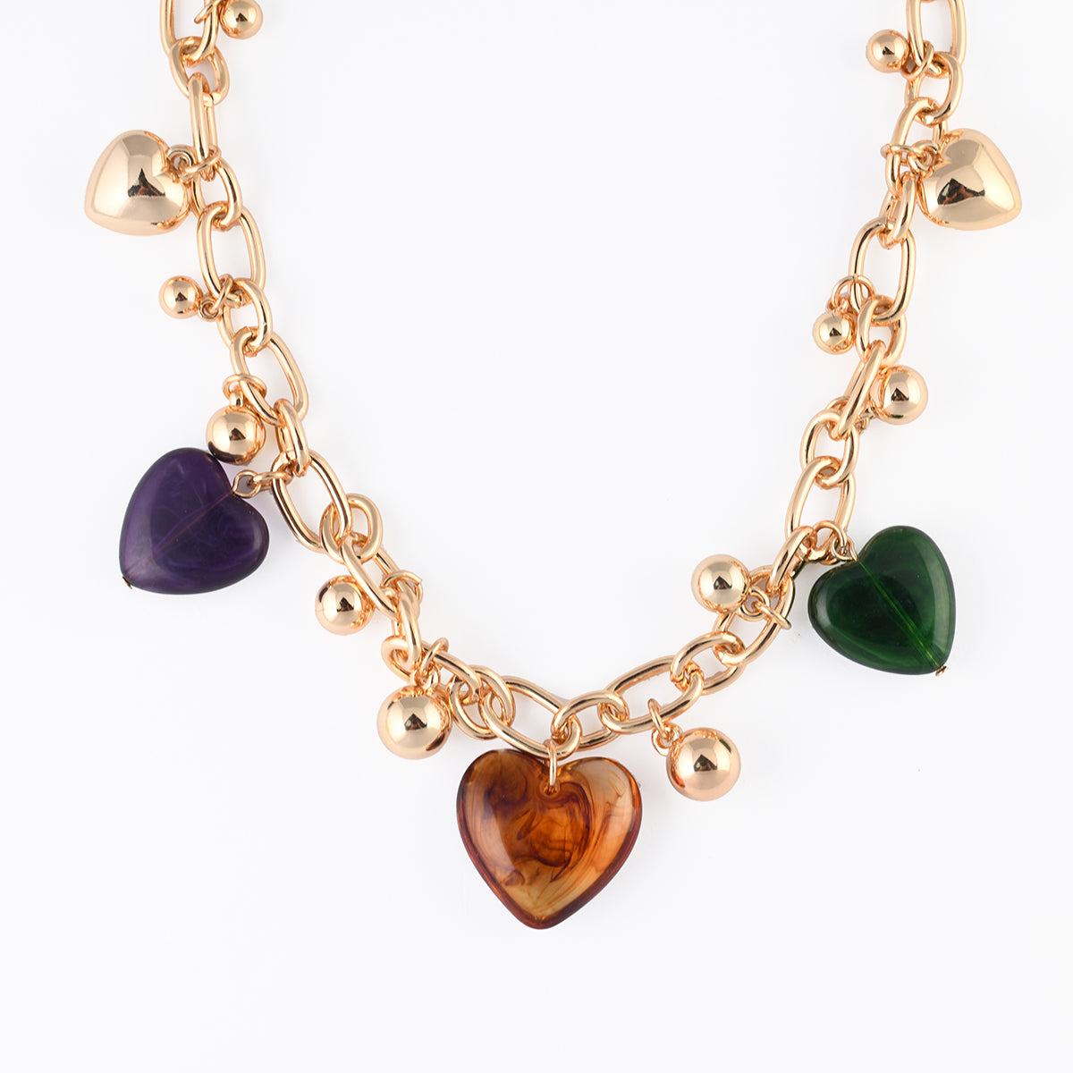 Collier chaîne à pendentifs cœurs en résine violets, marron et verts