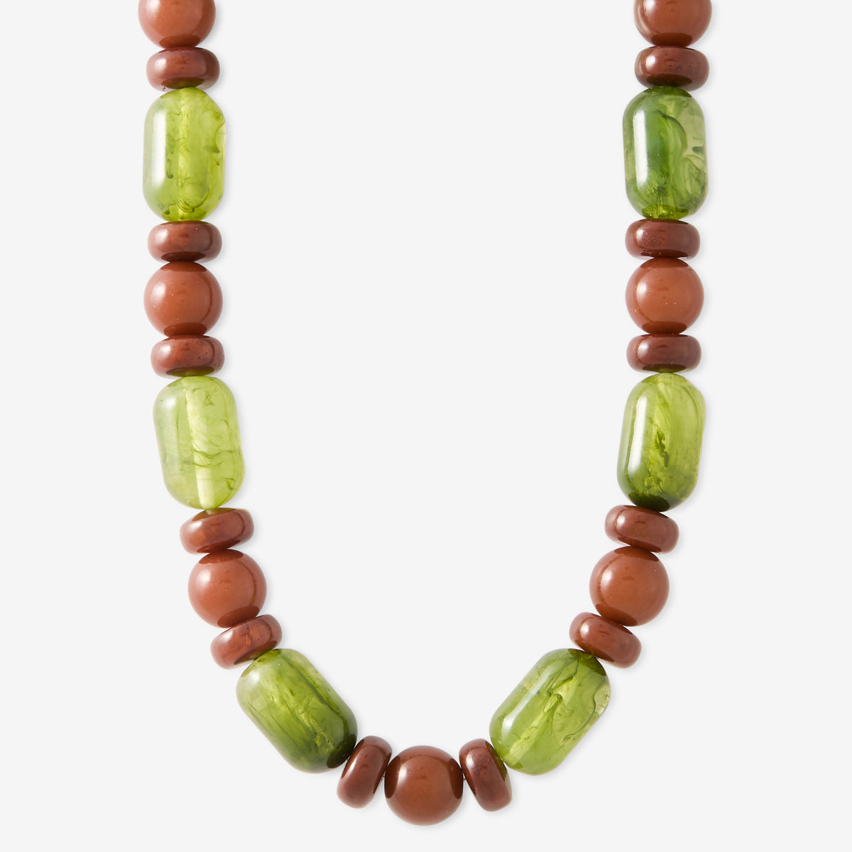 Collier de perles en résine vertes et marron