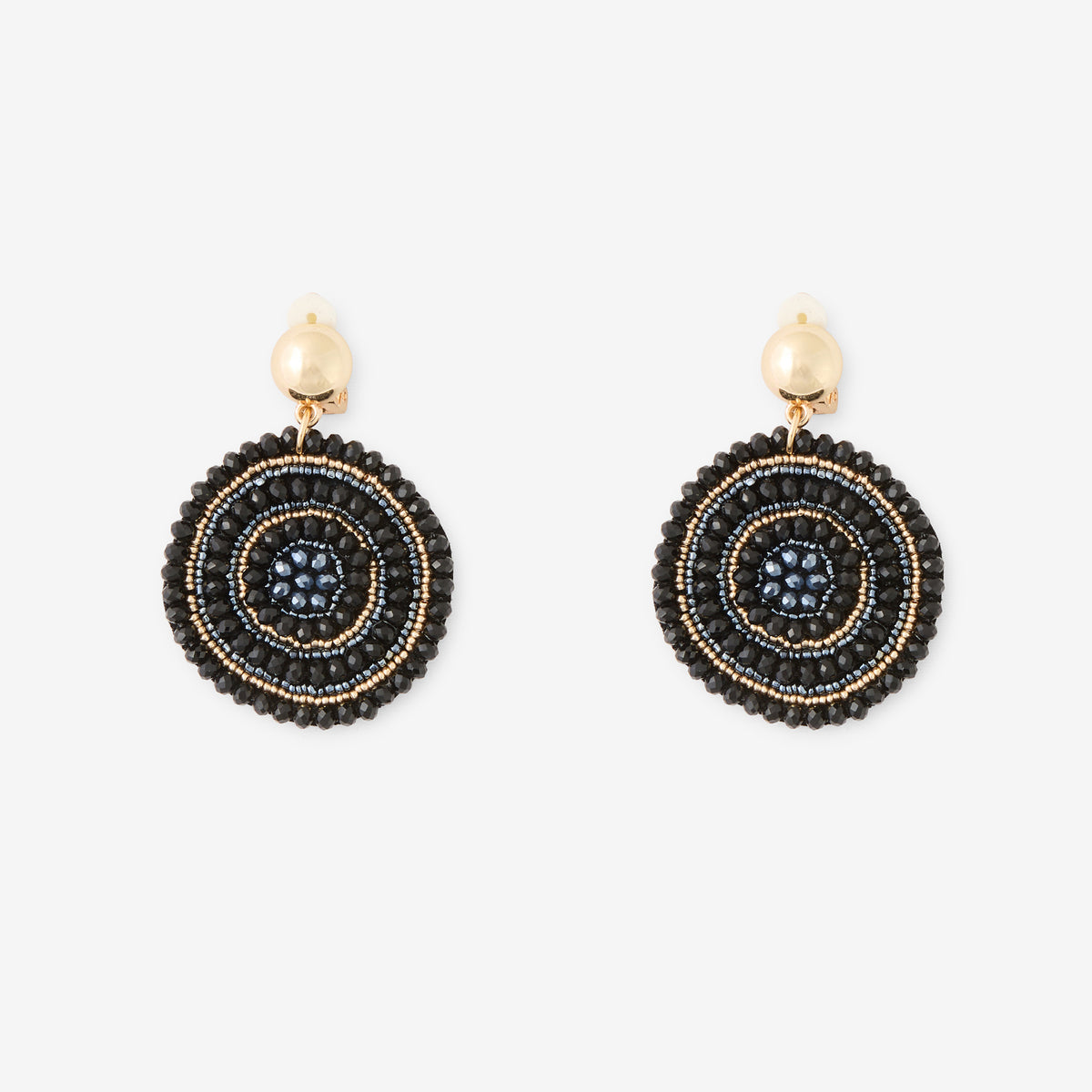 Boucles d'oreilles clips - disques en perles de rocaille noirs et dorés